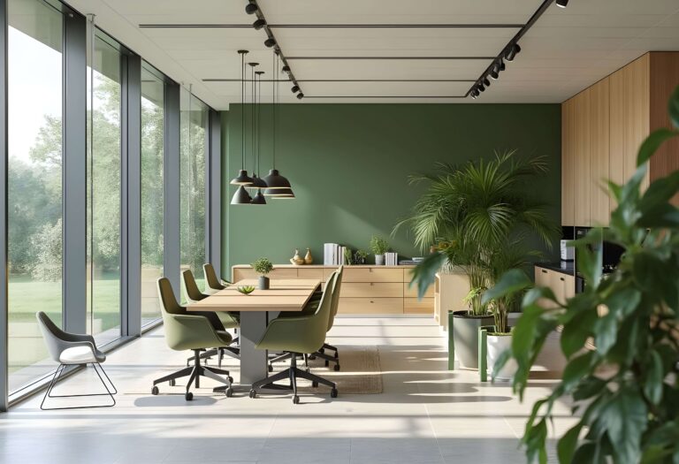 Modernes, helles Büro der Felis Energieberatung mit natürlichem Licht, grünen Pflanzen und nachhaltigem Design.