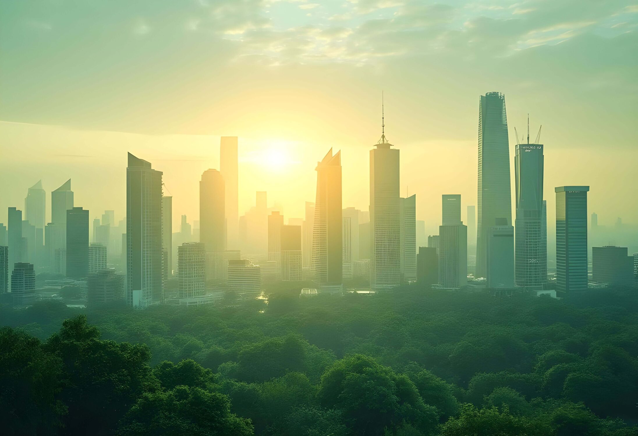 Nachhaltige Skyline einer modernen Großstadt bei Sonnenaufgang, inspiriert von den Markenfarben der Felis Energieberatung.