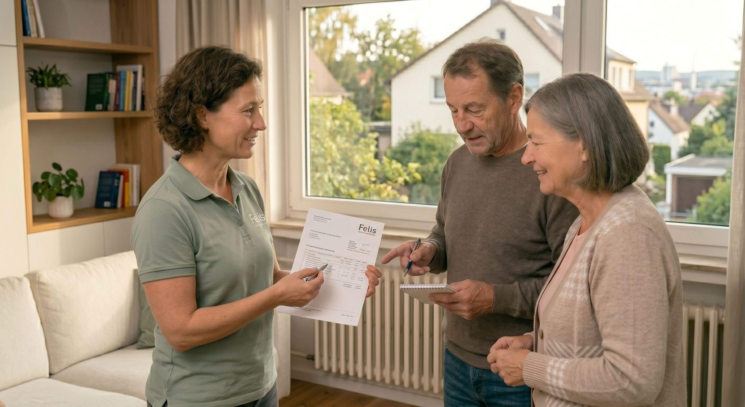 Energieberaterin der Felis Energieberatung erklärt einem Ehepaar in Chemnitz anhand eines Protokolls die Optimierungsmöglichkeiten ihrer Heizung im Wohnzimmer.