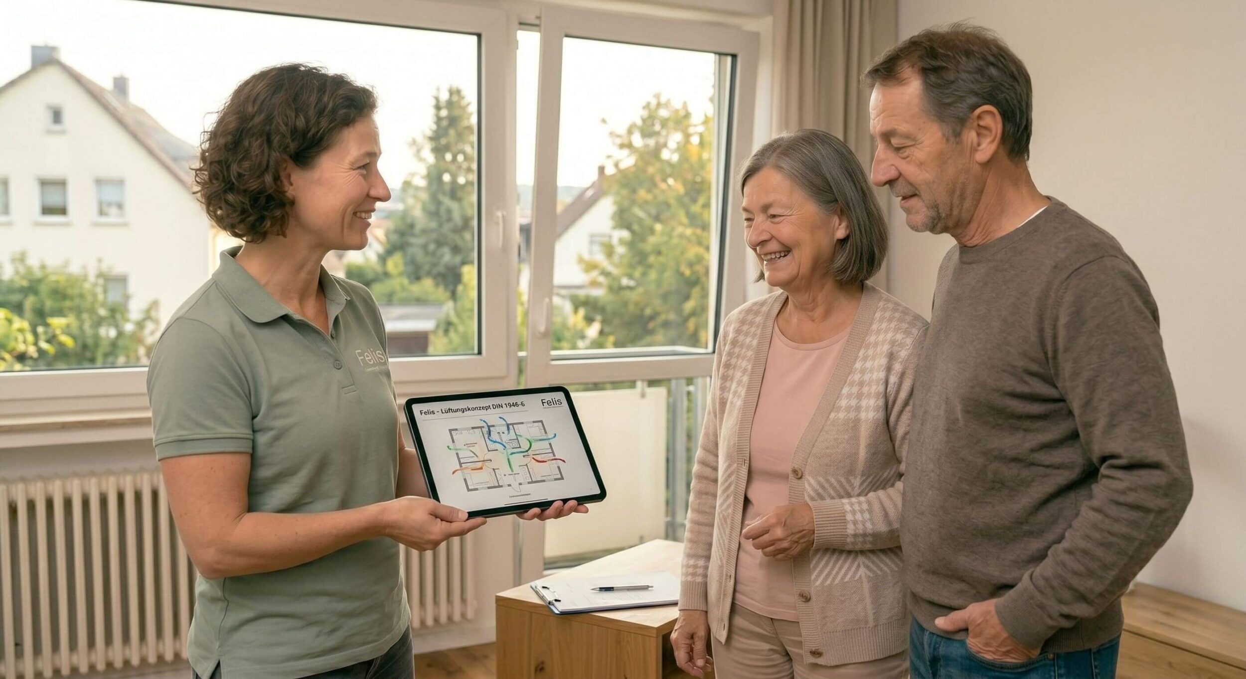 Energieberaterin der Felis Energieberatung erklärt einem Ehepaar in Chemnitz anhand einer Grafik auf einem Tablet ein Lüftungskonzept und deutet dabei auf das Fenster.