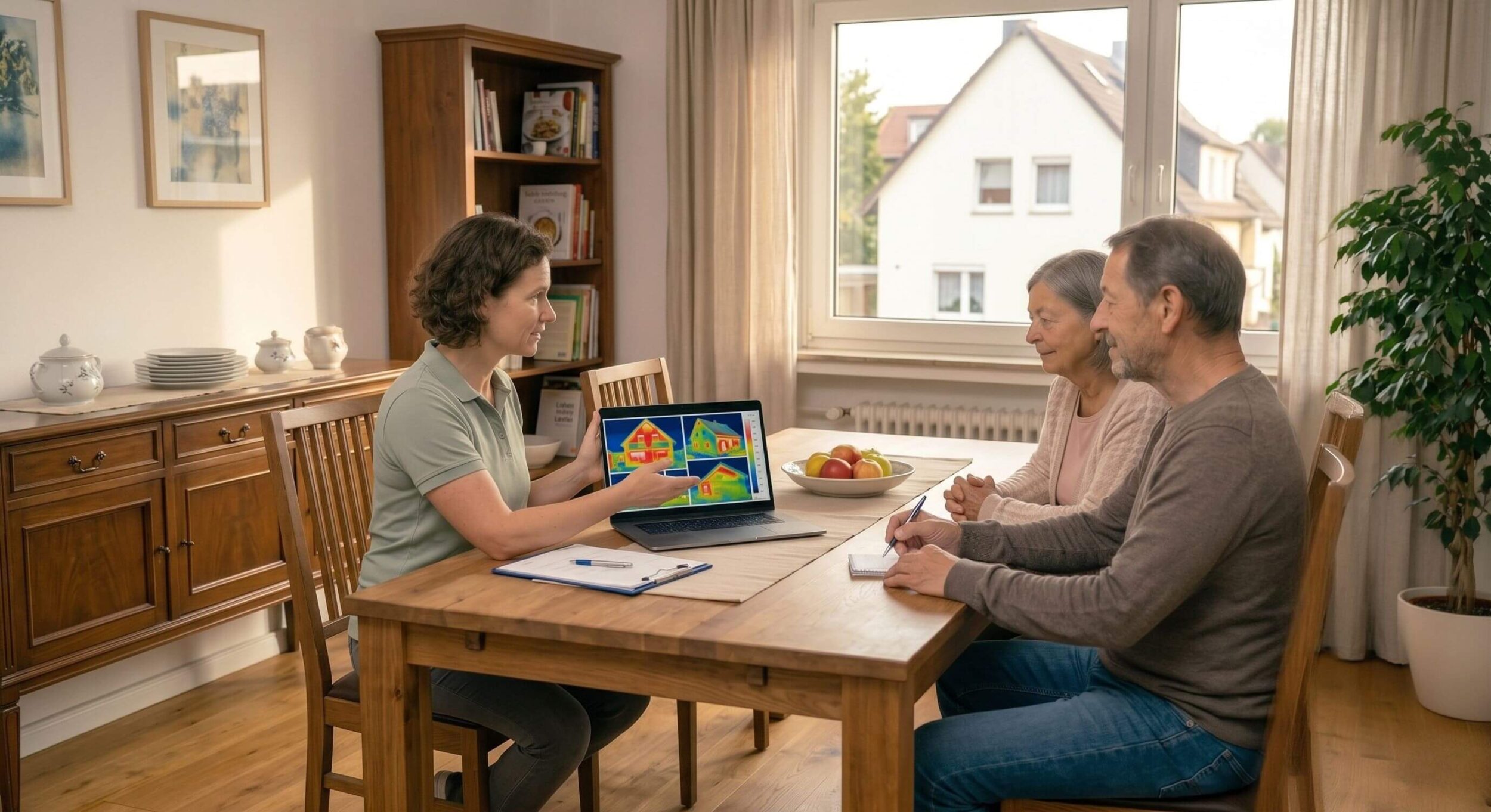 Energieberaterin der Felis Energieberatung erklärt einem Ehepaar in Chemnitz mittels Wärmebildkamera die Wärmeverluste an einer Wand im Wohnzimmer.